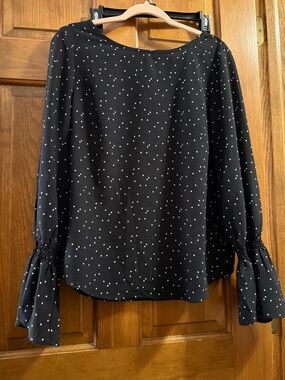 White House Black Market Black w/Polka Dot Long-Sleeve Blouse with Ruffled Cuffs